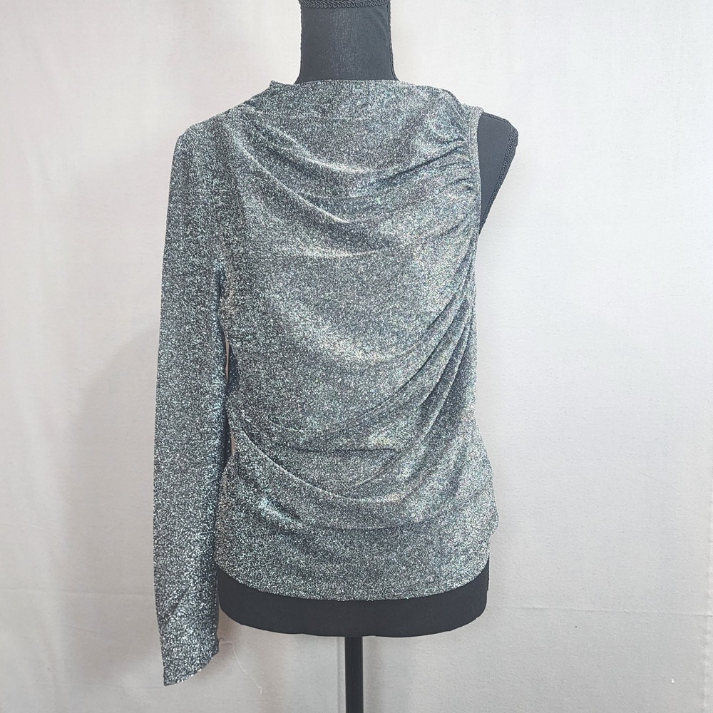 Terea Andrea Pitter One Shoulder Top Silver Metallic Draped Women Medium NEW